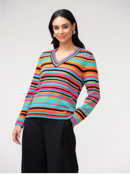 ELENA WANG STRIPED V-NECK SWEATER - MULTI