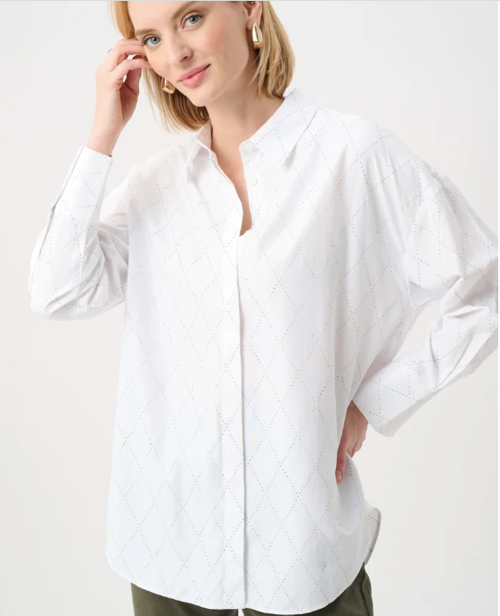 JOSEPH RIBKOFF RHINESTONE HARLEQUIN BUTTON-DOWN SHIRT - VANILLA