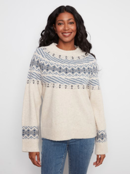 CHARLIE B FAIR ISLE CREW NECK SWEATER - OATMEAL