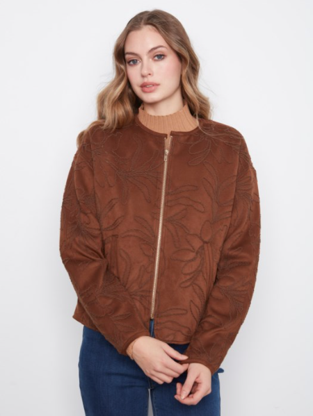 CHARLIE B EMBROIDERED STITCH DETAIL JACKET - BROWN