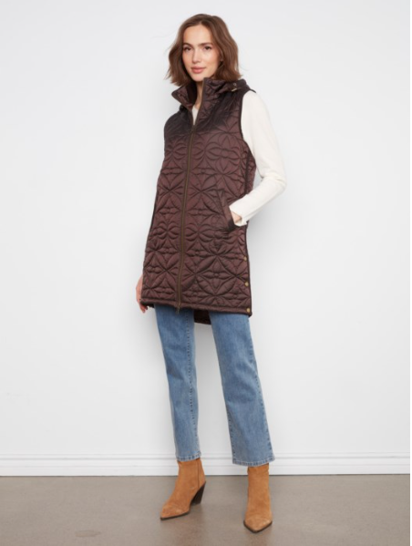 CHARLIE B FULL ZIP SLEEVELESS PUFFER VEST - MOCHA