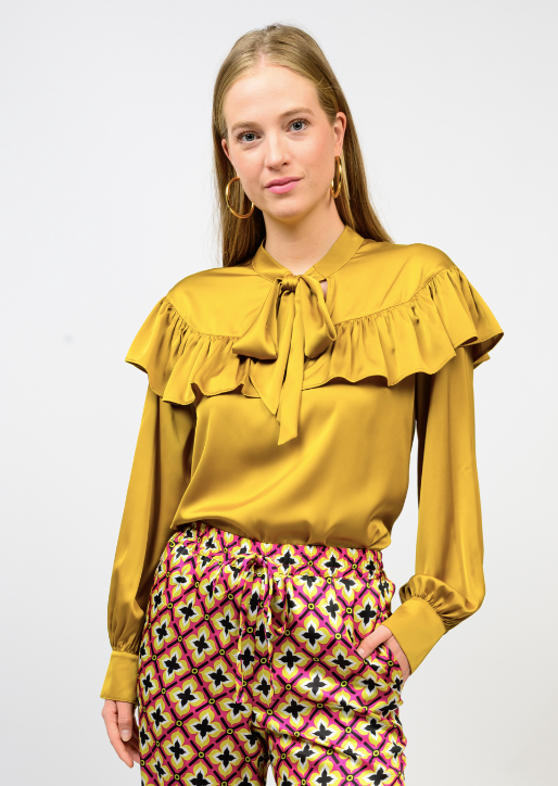 IVY JANE SILKY BOW NECK TOP - CHARTREUSE