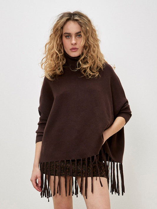 APRICOT ROLL NECK FRINGE - CHOCOLATE
