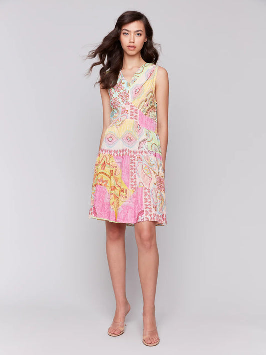 *SALE* CHARLIE B PRINTED SLEEVELESS V-NECK DRESS - PINK MULTI