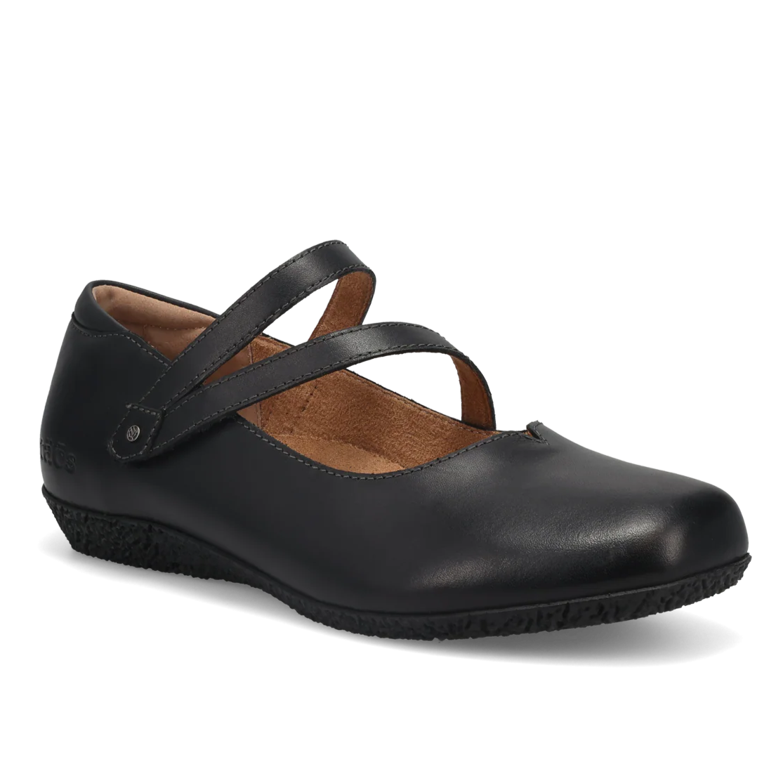 Black leather shoe with a strap on a white background