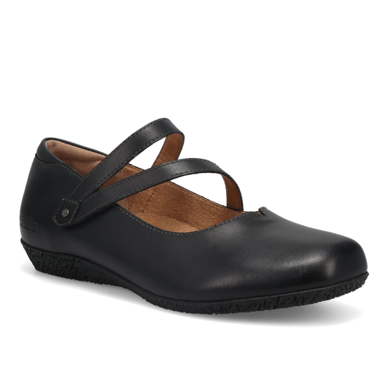 Black leather shoe with a strap on a white background
