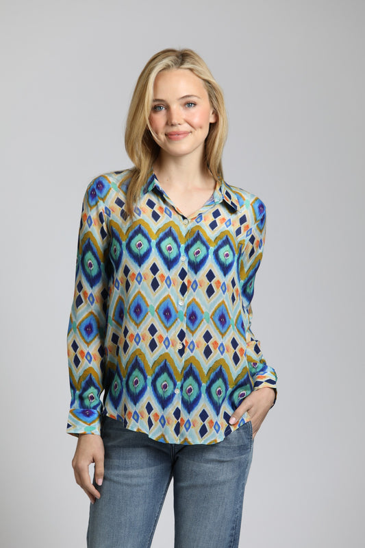 *SALE* AP NY BUTTON-UP LONG-SLEEVE TOP - BLUE MULTI - B52PB547DNC