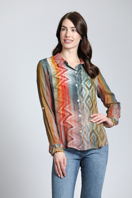 *SALE* AP NY BUTTON-UP ROLL-UP SLEEVE TOP - MULTI - B52PB682DNC