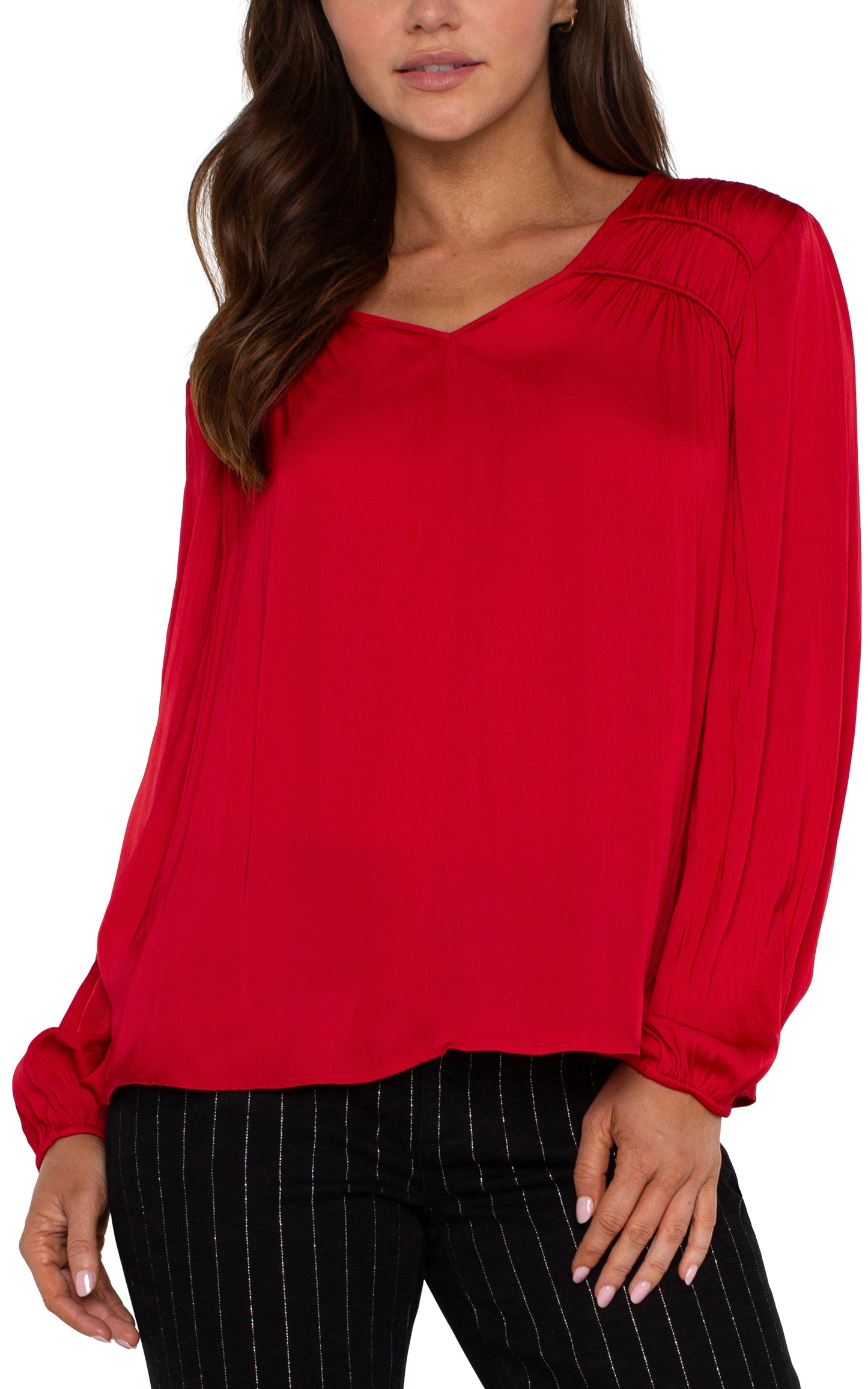 *SALE* LIVERPOOL LONG-SLEEVE V-NECK RED WOVEN TOP