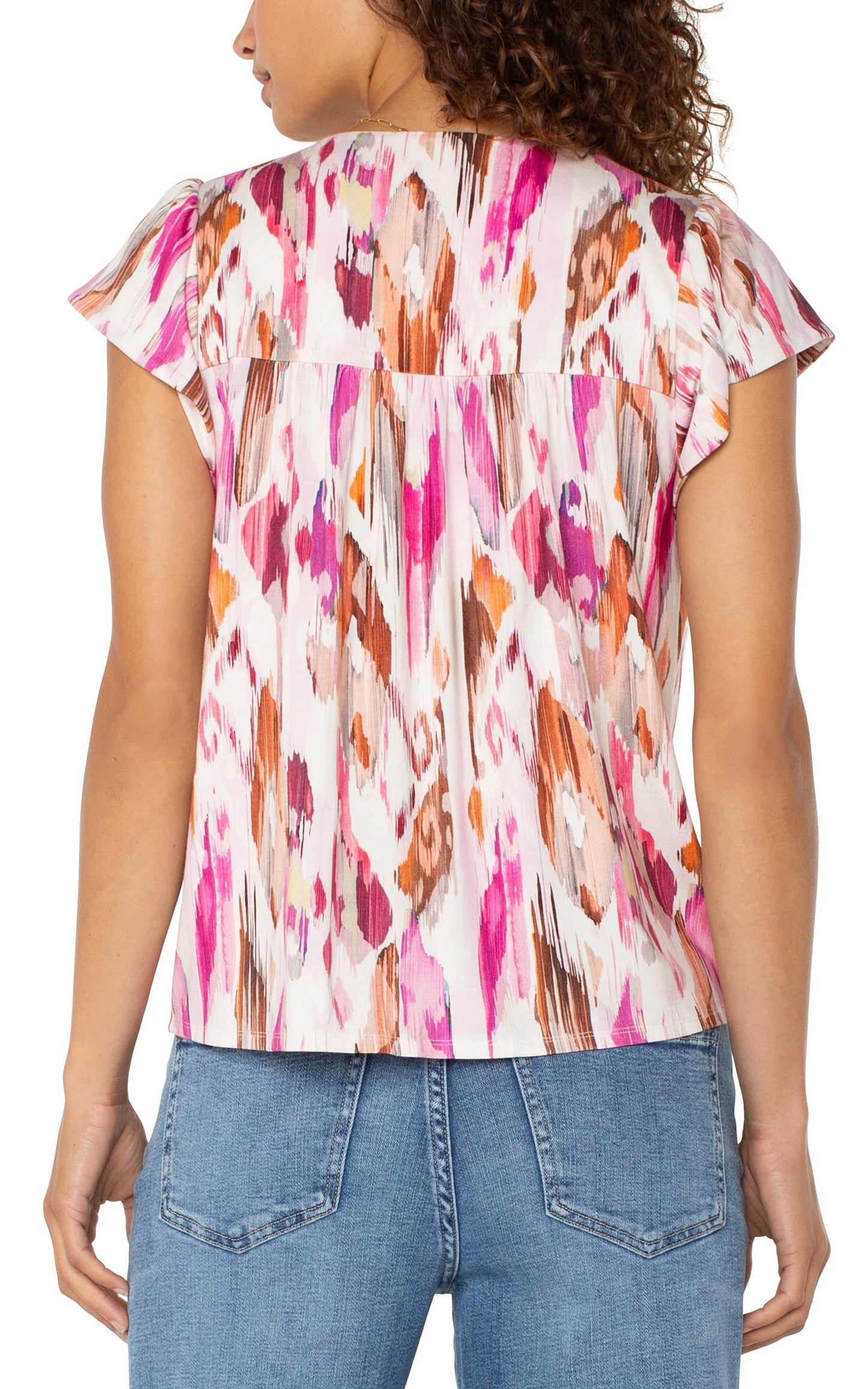 LIVERPOOL FLUTTER SLEEVE BUTTON-UP TOP - PINK MULTI