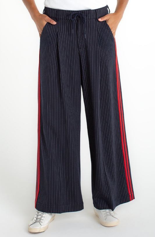 LIVERPOOL WIDE-LEG PLEATED TROUSER W/ STRIPE - NAVY & RED