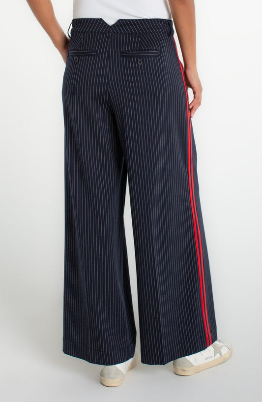 LIVERPOOL WIDE-LEG PLEATED TROUSER W/ STRIPE - NAVY & RED