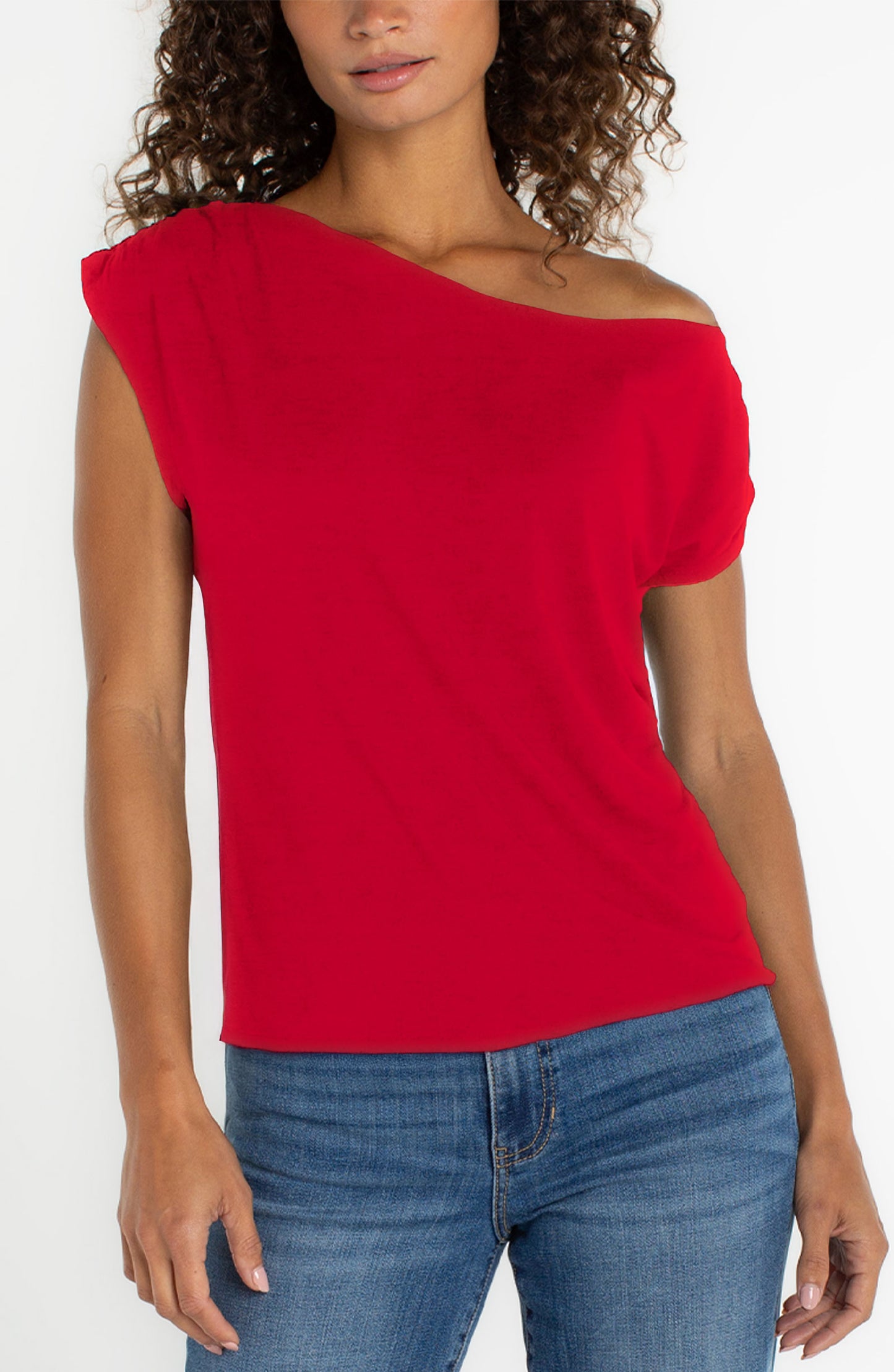 LIVERPOOL ASYMMETRICAL OFF-SHOULDER KNIT TOP - CHERRY