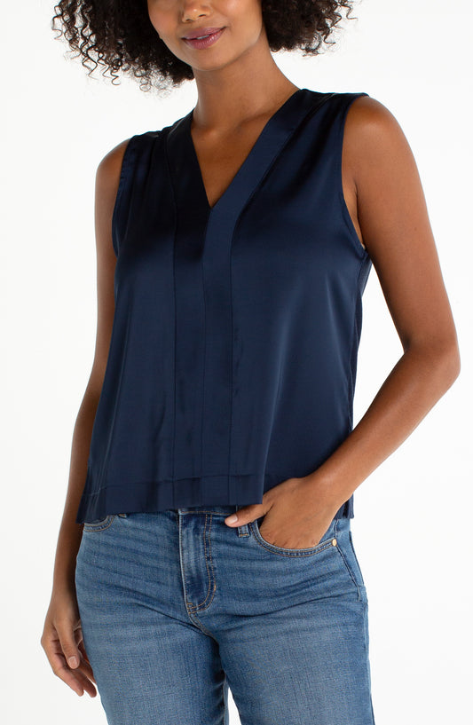 LIVERPOOL SLEEVELESS V-NECK WOVEN TO KNIT TOP - NAVY