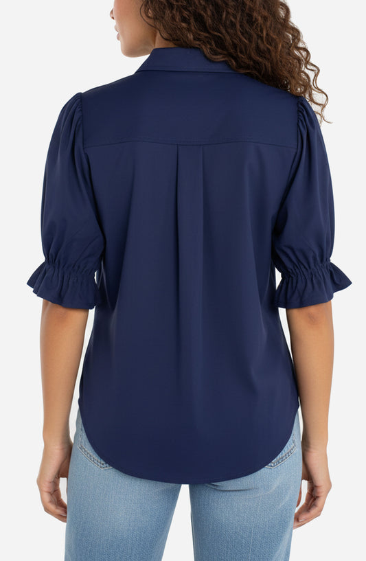 LIVERPOOL ELBOW PUFF-SLEEVE TOP - NAVY