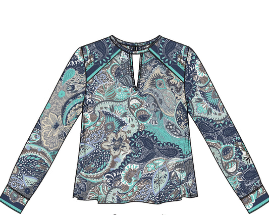 LIVERPOOL LONG-SLEEVE WOVEN TOP W/ KEYHOLE NECKLINE - AQUA MULTI