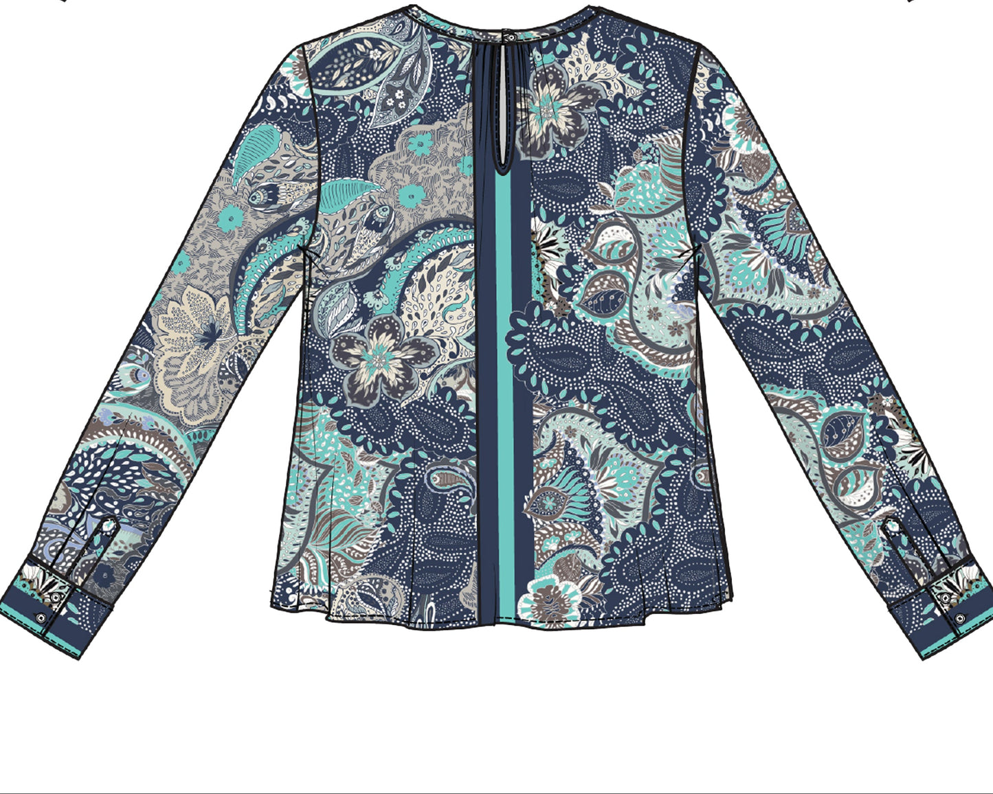 LIVERPOOL LONG-SLEEVE WOVEN TOP W/ KEYHOLE NECKLINE - AQUA MULTI