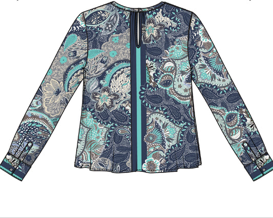 LIVERPOOL LONG-SLEEVE WOVEN TOP W/ KEYHOLE NECKLINE - AQUA MULTI