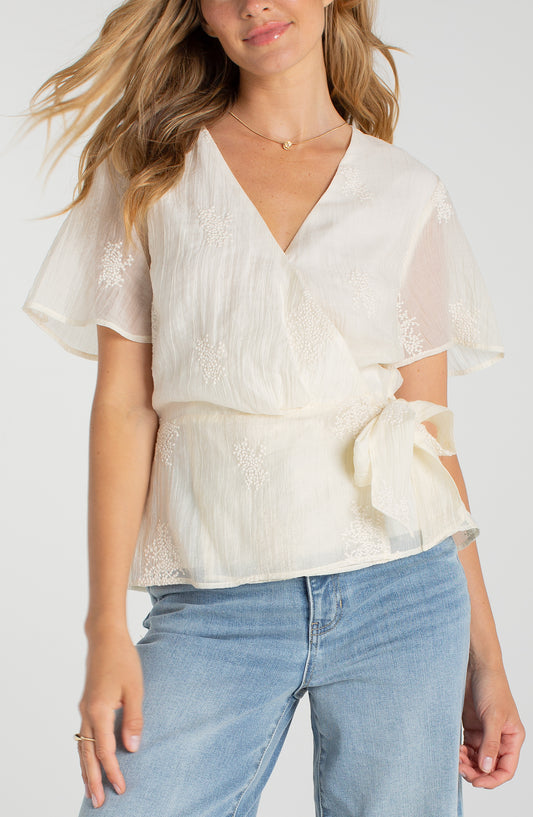 LIVERPOOL SHORT SLEEVE WRAP FRONT WOVEN TOP - CREAM