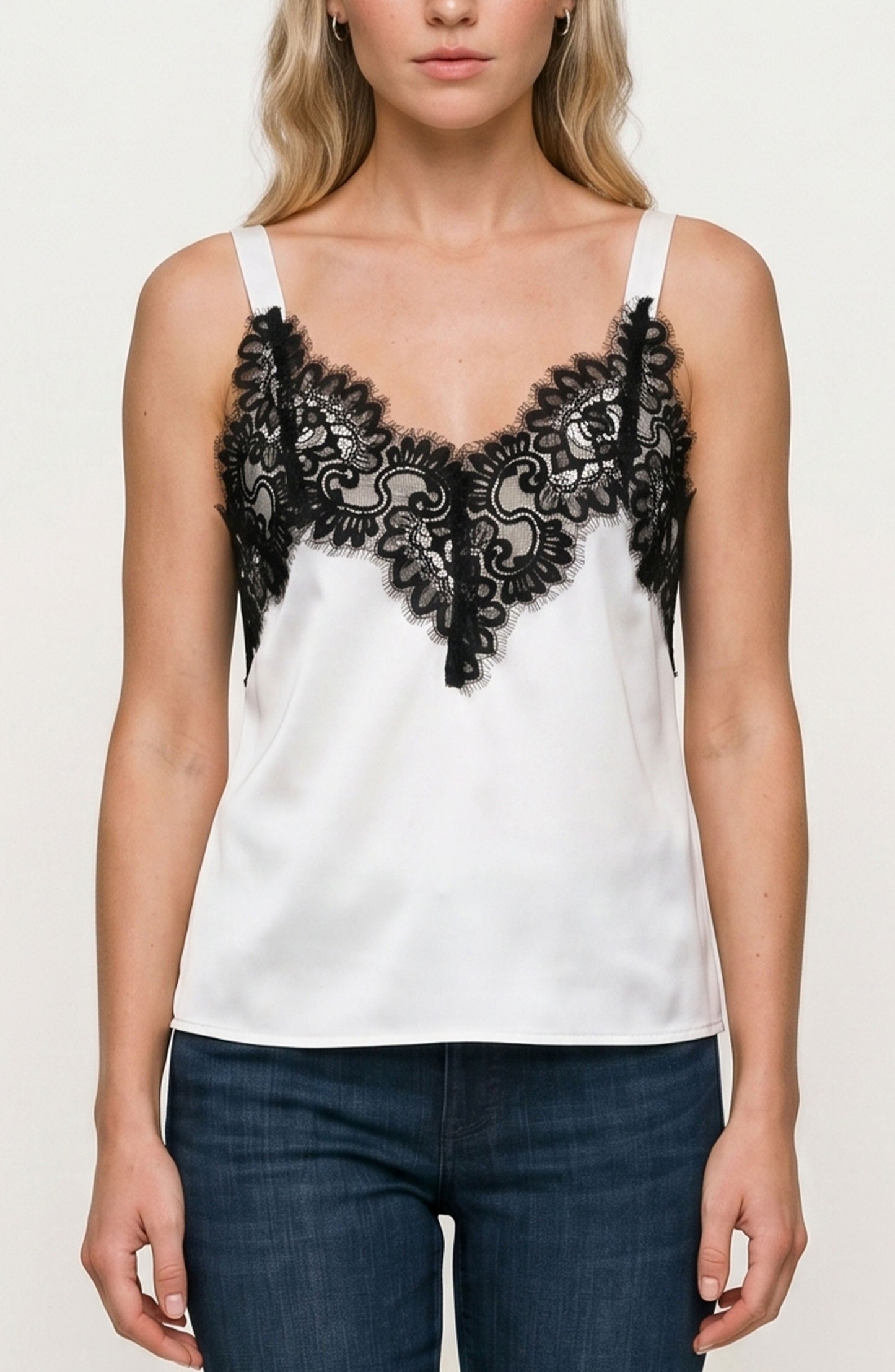 LIVERPOOL SLEEVELESS WOVEN TOP WITH LACE - WHIPPED CREAM WITH BLACK LACE