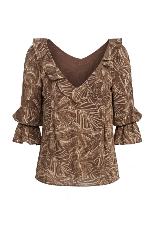 LIVERPOOL LONG SLEEVE DOUBLE RUFFLE WOVEN BLOUSE - DARK ESPRESSO TAN LEAVES