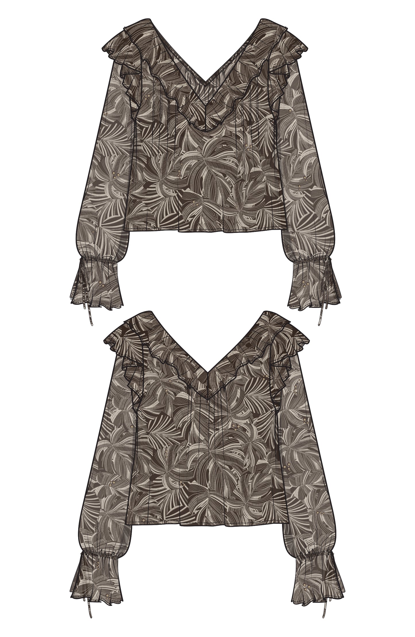 LIVERPOOL LONG SLEEVE DOUBLE RUFFLE WOVEN BLOUSE - DARK ESPRESSO TAN LEAVES