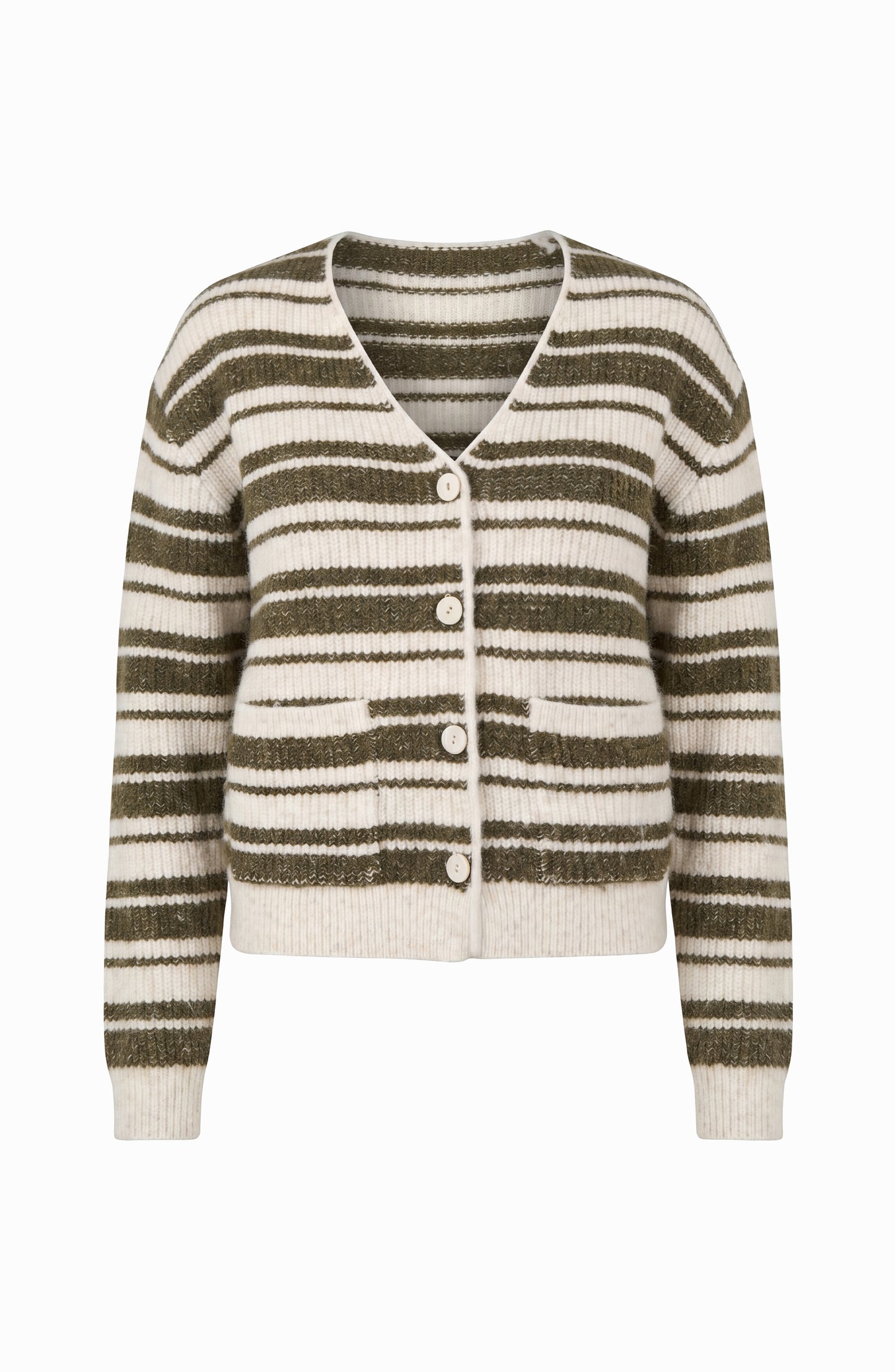 LIVERPOOL LONG SLEEVE BUTTON FRONT CARDIGAN SWEATER - OATMEAL OLIVE STRIPE