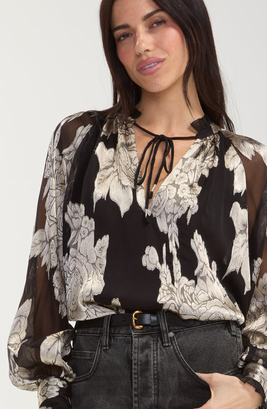 LIVERPOOL LONG SLEEVE WOVEN TOP WITH TIES - BLACK MULTI