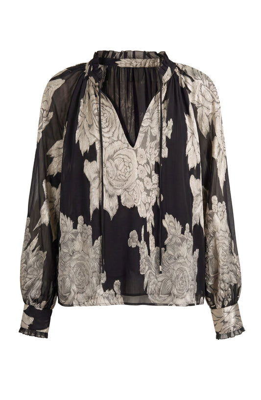 LIVERPOOL LONG SLEEVE WOVEN TOP WITH TIES - BLACK MULTI