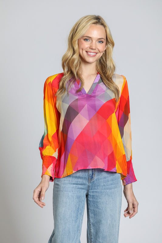 AP NY SPLIT NECK TOP W/ SMOCKED CUFFS - MULTI