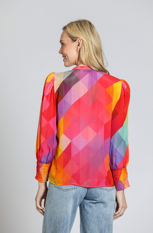 AP NY SPLIT NECK TOP W/ SMOCKED CUFFS - MULTI