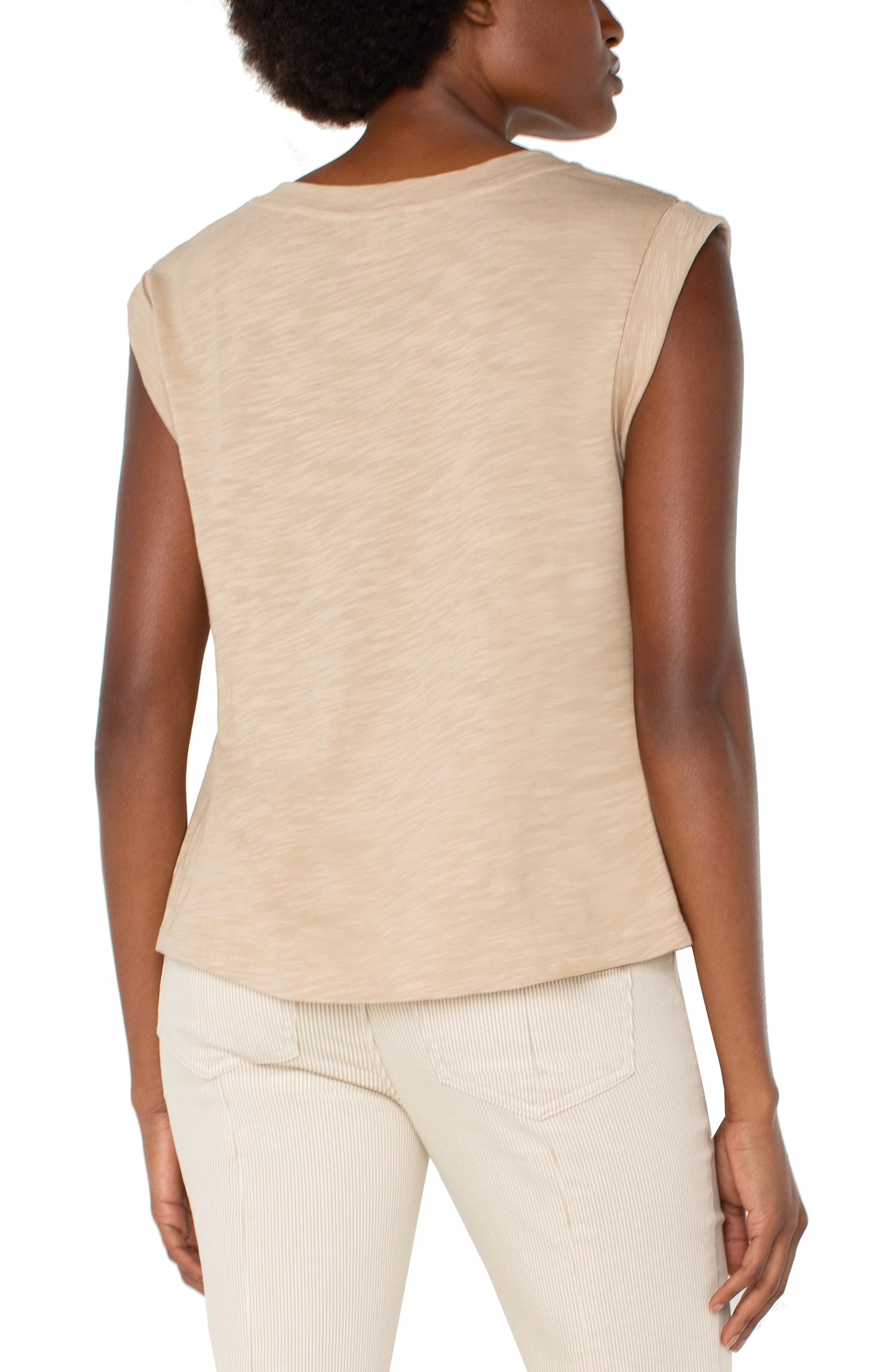 LIVERPOOL SLEEVELESS WOVEN KNIT TOP - CHAMPAGNE