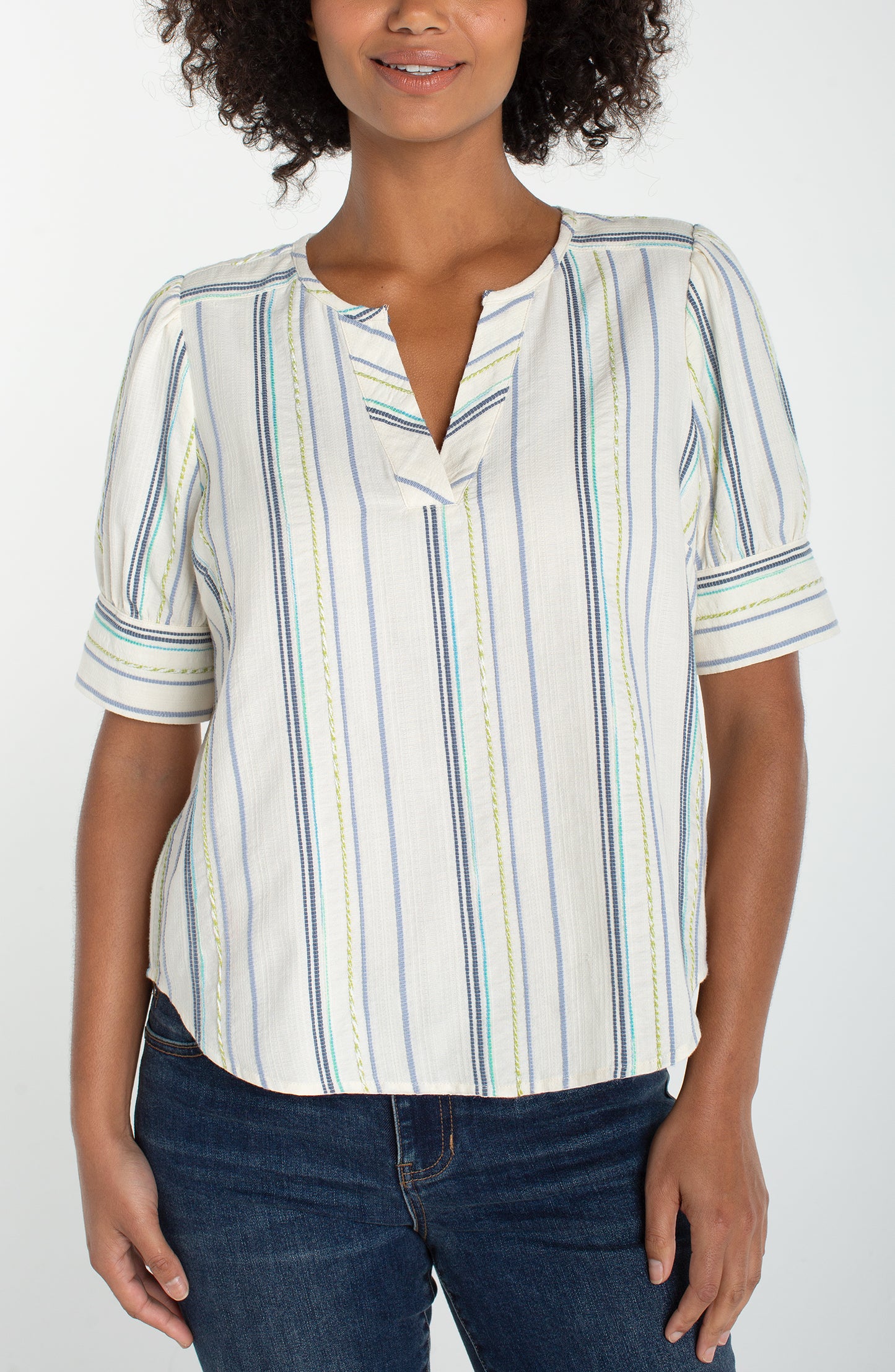LIVERPOOL SHORT SLEEVE POPOVER WOVEN - CREAM AND BLUE MULTI