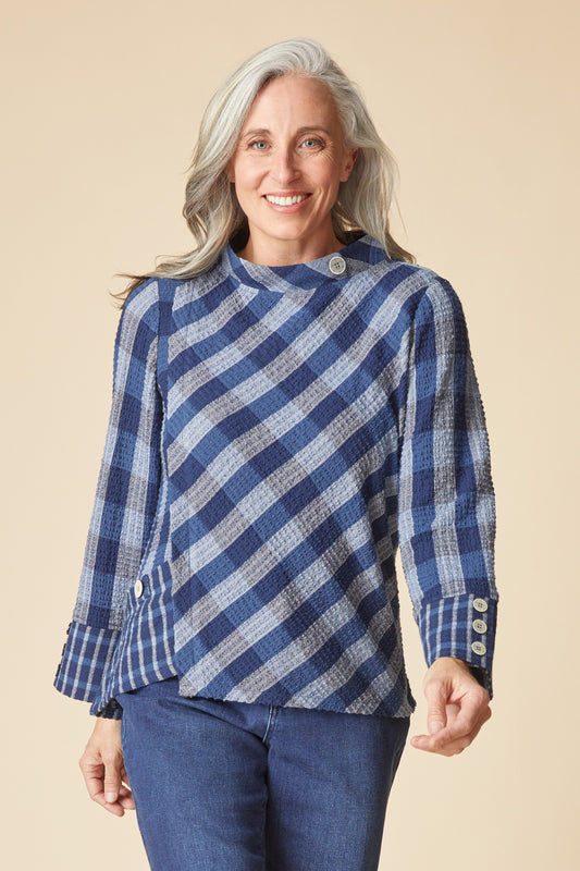 HABITAT PLAIDEMONIUM ASSYMETRICAL BUTTON FRONT TOP - NAVY