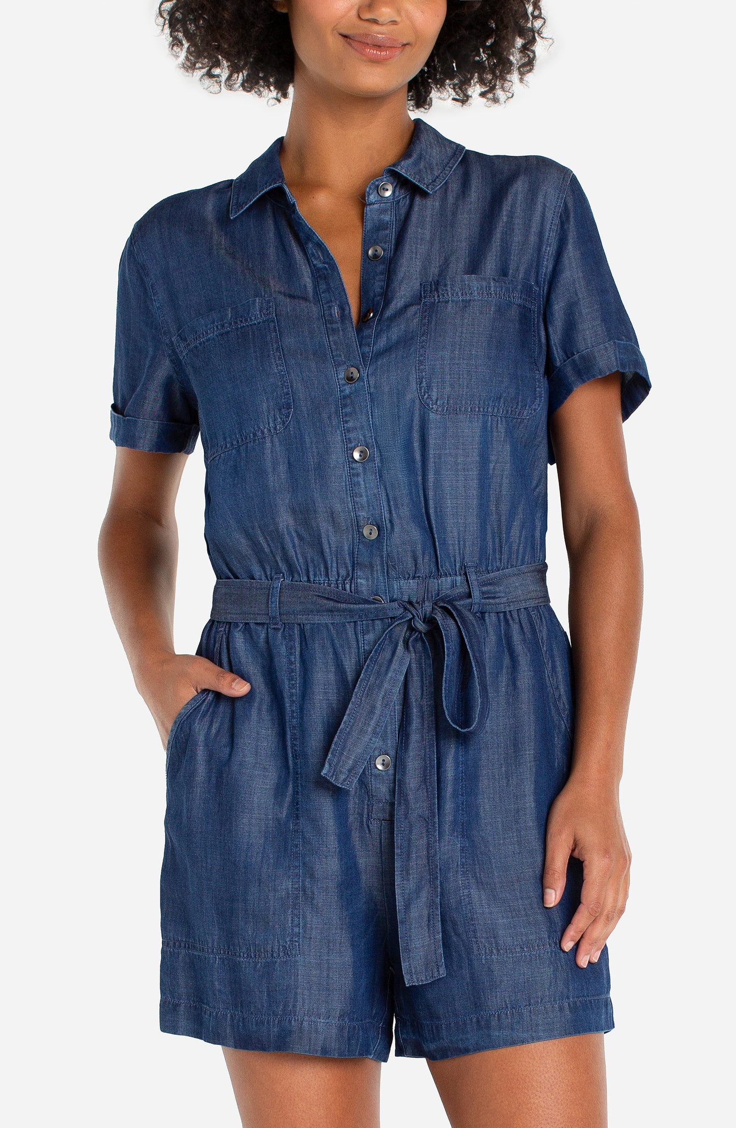 LIVERPOOL SHORT SLEEVE ROMPER WITH SELF TIE - SERENE DARK