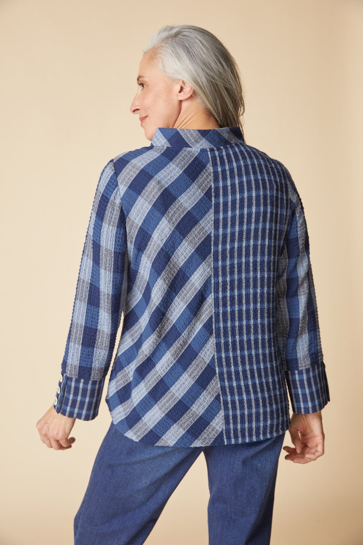 HABITAT PLAIDEMONIUM ASSYMETRICAL BUTTON FRONT TOP - NAVY