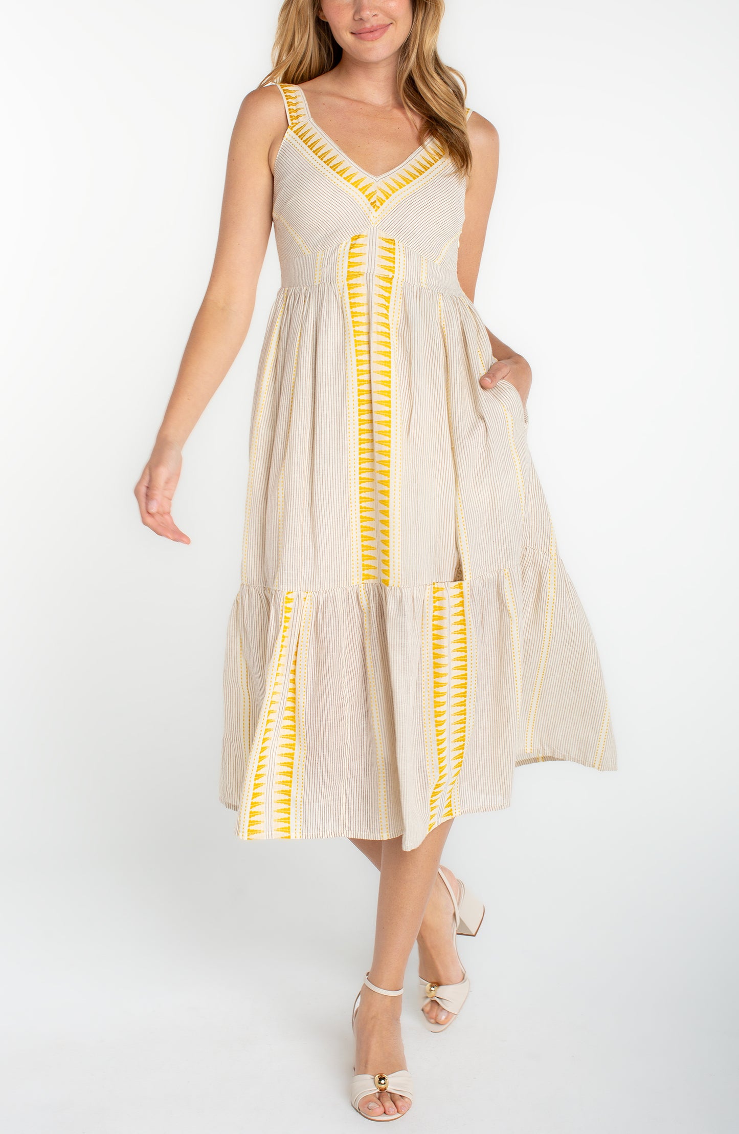 LIVERPOOL SLEEVELESS MIDI DRESS - YELLOW MULTI