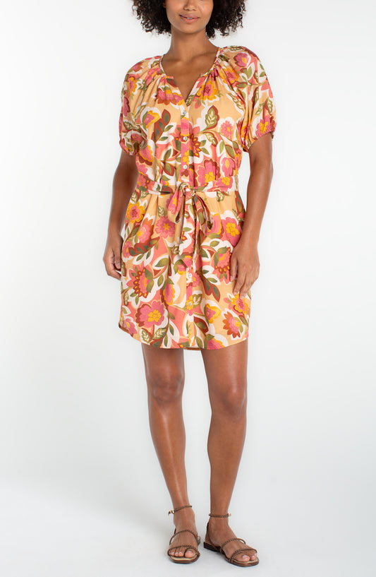LIVERPOOL SHORTSLEEVE SHIRRED BUTTON FRONT WOVEN DRESS - MULTI