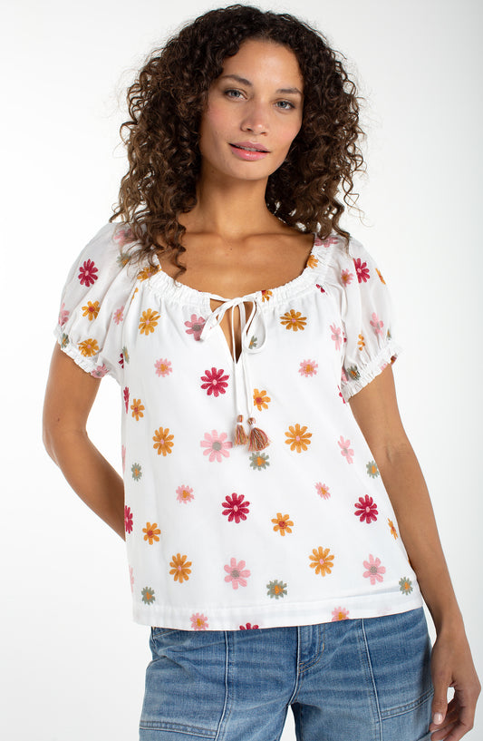 LIVERPOOL SHORTSLEEVE TIE NECK WOVEN TOP - WHITE MULTI