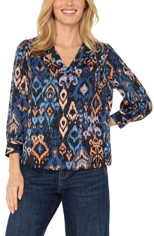 LIVERPOOL 3/4-SLEEVE V-NECK TOP - BLUE MULTI
