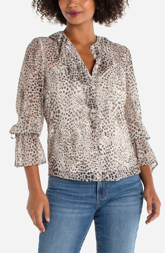 SALE - LIVERPOOL L/S RUFF FRONT WOVEN - MULTI BROWN ANIMAL
