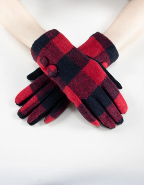 VERY MODA 2 BUTTON BOXY FLANNEL GLOVES - RED & BLACK - GL12291RD